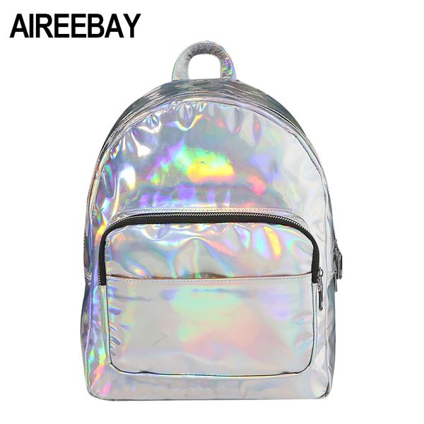 

aireebay 3-size brand fashion holographic backpack women backbag for ladies travel bag pu leather small silver hohogram bagpack
