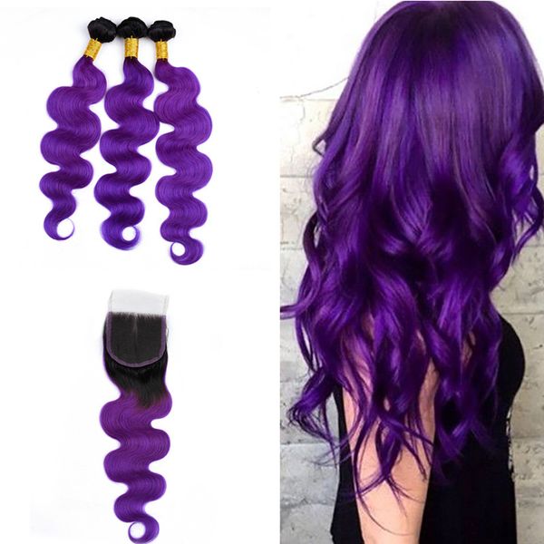 Ombre Blonde 1b Purple Hair Bundles With Lace Closure Dark Roots Body Wave Curly Hair Weft Extension With Lace Closure 4x4 Wet N Wavy Weave Hair Weft