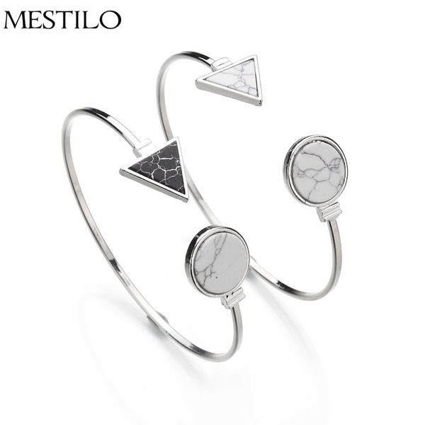 

whole salemestilo new punk white black round triangle faux marble stone open cuff bangle bracelet for women bijouterie fashion jewelry