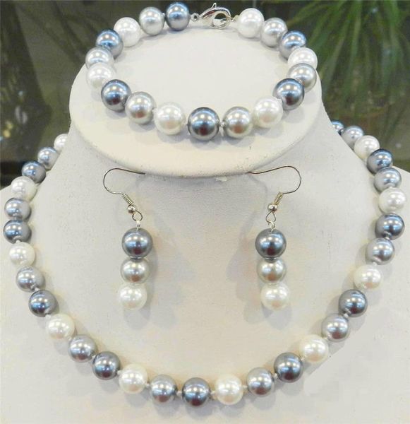 Fatto a mano naturale 10mm bianco/nero/grigio multicolore collana di perle di conchiglie di mare del sud bracciali orecchini set 2 set / lotto gioielli di moda