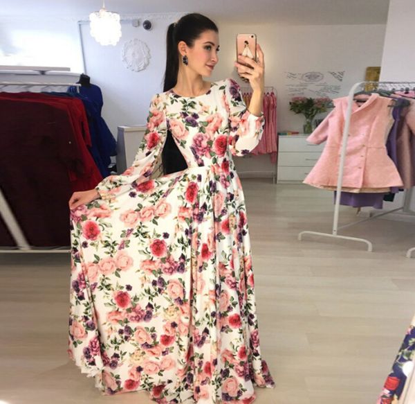 

new arrival women maxi dresses round neck long sleeve womens fashion floral long party dress, Black;gray