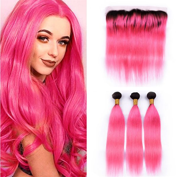 2020 Two Tone 1b Pink Ombre Hair Weaves With Frontal Closure Dark