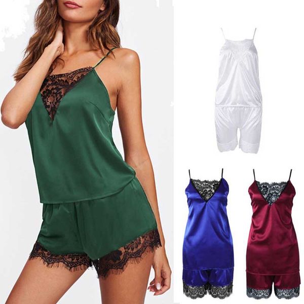 

women floral eyelash lace sleepwear tank top shorts v-neck pajama lingerie solid, Blue;gray