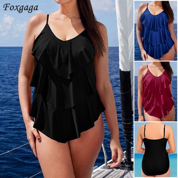 

2017 ruffles one piece swimsuit plus size swimwear big size swimwear for women 3xl three lotus leaf layers hiding belly, White;black