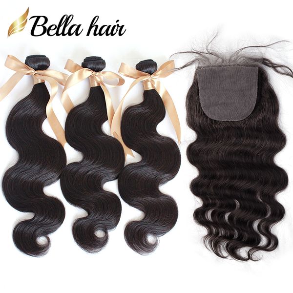 Bella Hair® Fecho de Base de Seda com 3 Bundles Natural Cor Corporal Onda 8A Brasileiro Virgem Humano Weave Fecho de Base de Seda Cabeça Completa