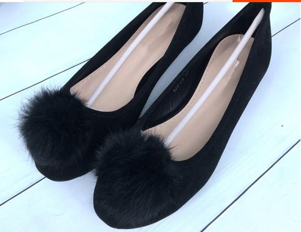 

send 2018 spring and autumn new style hair ball round head flat bottom shallow mouth women's single shoes, Black