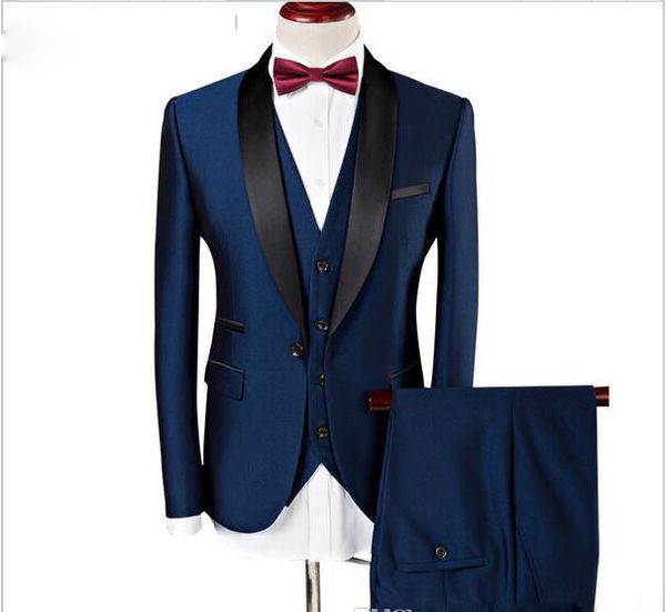 Popular Navy Blue Shawl Lappel One Button Wedding Groom Tuxedos Men Suits Wedding/Prom/Dinner Man Blazer (jaqueta+gravata+colete+calça)