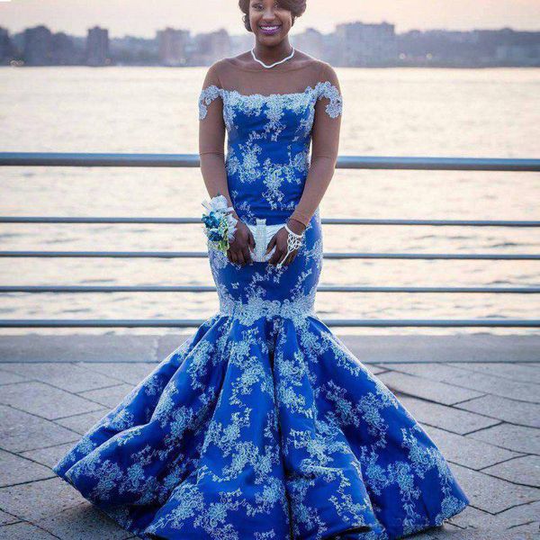 

Royal Blue Plus Size Prom Dresses Lace Appliques Long Sleeves Evening Gowns Mermaid Satin Floor Length South African Formal Wear