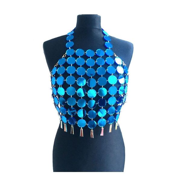 

women shiny metal crop backless halter camis beach party club sequins tassel hollow out vest tanks tees outfits, White