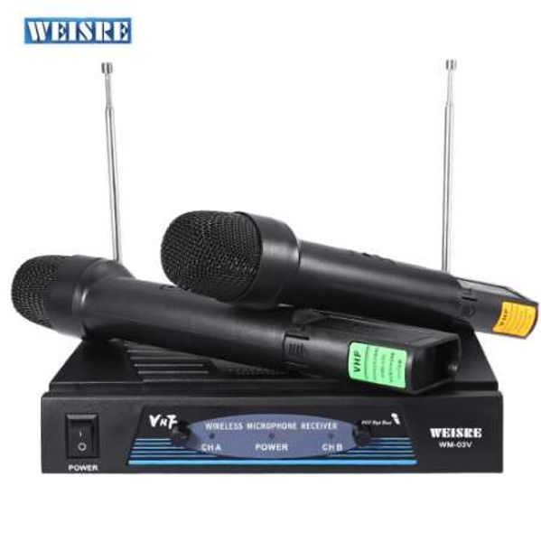 Heißer WEISRE WM-03V Professionelle 220 - 270 MHz Karaoke Radio Wireless Handheld VHF Sender Mikrofon Set mit 2 Mikrofon 1 empfänger