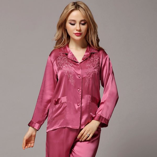 

шелковые пижамы женщин костюм шелковая вышивка шелковые пижамы с коротким рукавом из двух частей домашнего обслуживания, Black;red