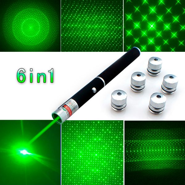 Neue Ankunft Top Qualität 6in1 5mw 650nm Rot Grün Blau Laserpointer Laser Taschenlampe + 5 Stern Kappen strahl Licht, Blende