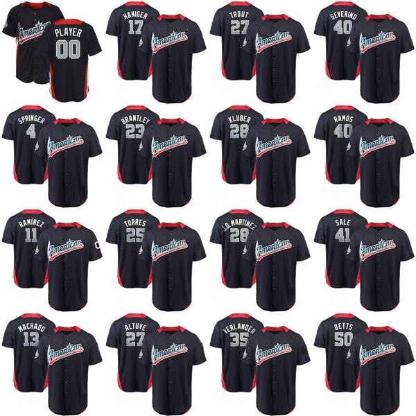 

all-star game springer ramirez machado haniger brantley torres altuve trout kluber martinez america stiched baseball jersey, Blue;black