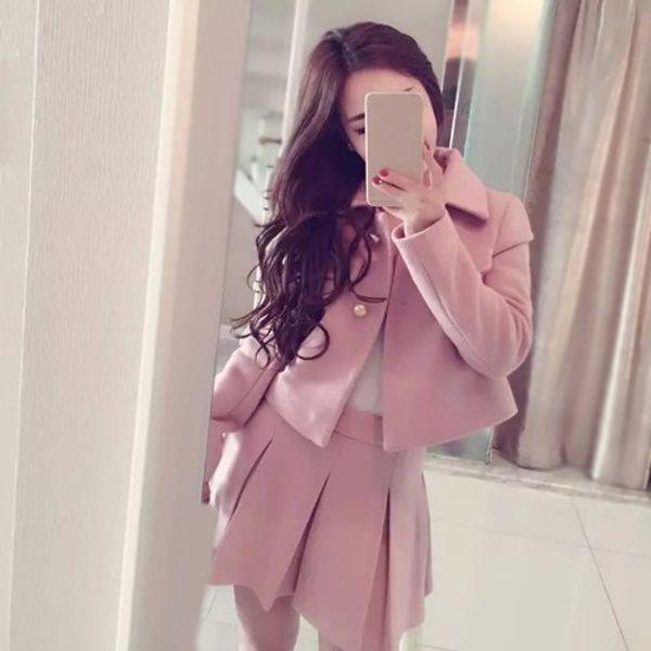 2018 Autumn Winter Women Wool Blends Set 2 Piece Set Slim Short Tweed Coat Fashion Short Coat Pleated Mini Skirt