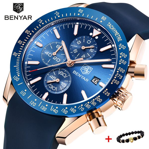 

2018 new benyar brand quartz male watches silicone band watches men's chronograph wrist watch blue clock men relogio masculino, Slivery;brown