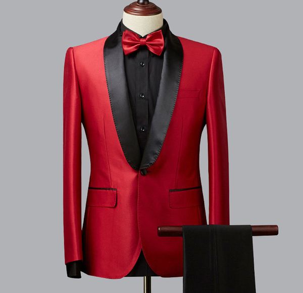 Kırmızı Kadın 2019 Bir düğme Slim Fit Damat Smokin Ceket Suits + Pantolon Erkek Siyah Yaka ile Smokin En İyi Erkek Özel Made Suits