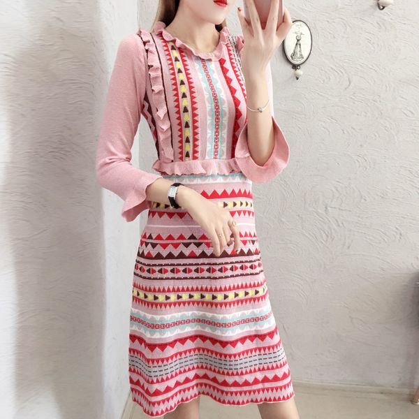 

runway 2018 autumn sweet pink rainbow striped bright silk knitting dress women long sleeve ruffes peter shine sweater dress, White;black
