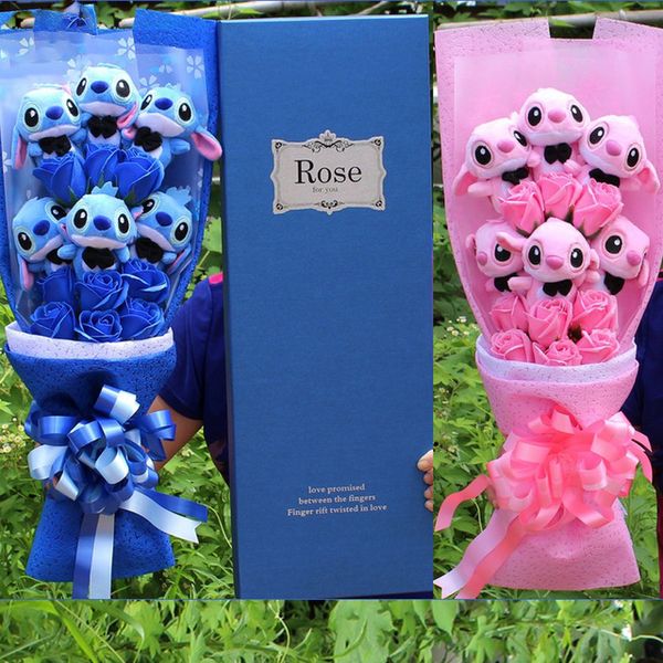 Artificial Lovely Cartoon Plush Toys Stitch Toys Gift Bouquet with Fake Flowers