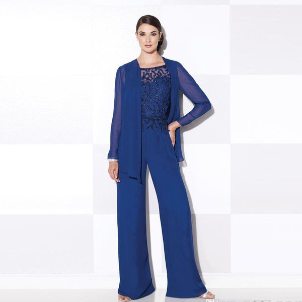 

royal blue two pieces mother of the bride pajamas beading and sequin chiffon mother's outfit women's formal clothes, Black;red