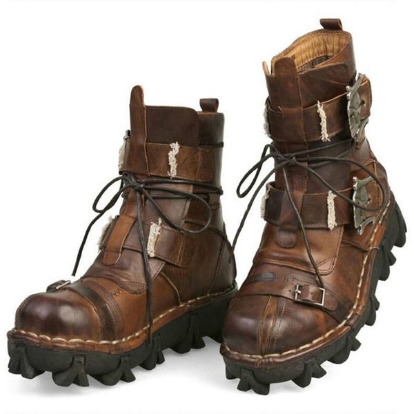 

cowhide black brown genuine leather outdoor uniform boots gothic skull punk martin platform boots steampunk shoes boots for men