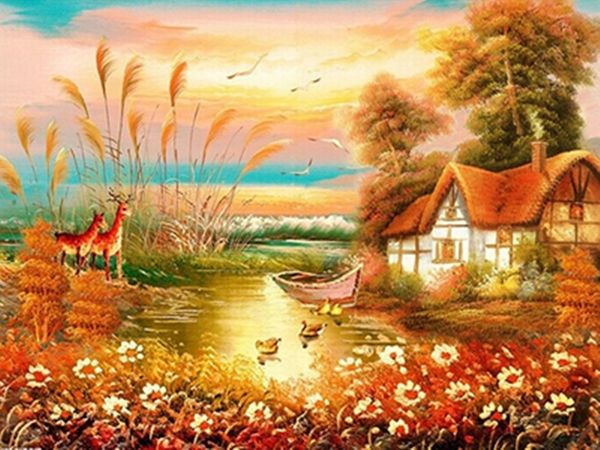 

18a732k sunset cottage diamond painting home decor diamond diy crafts 100% resin 5d tool drill painting cross stitch mosaic needlework