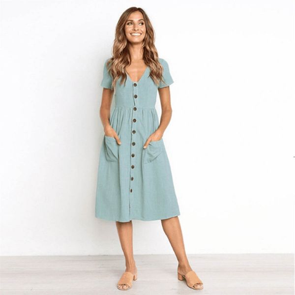 

nora twips 2018 summer cotton dress women v neck short sleeve pink midi-calf dresses pocket casual vestidos female, White;black
