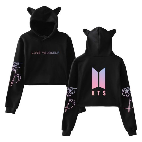 

BTS 2018 Горячая распродажа альбом Love Yourself Tear Casual Kawaii Cat Crop Top Женщины Толстовки Harajuku Kp