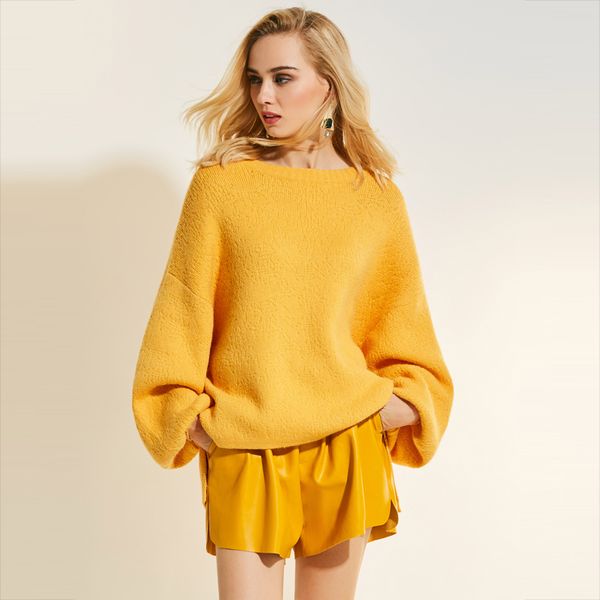 2019 Autumn Women Yellow Sweater 2018 Plain Loose Casual Modern Round Neck Knitwear Lantern Sleeve Fall Female Pullover Sweater From Blueberry07,