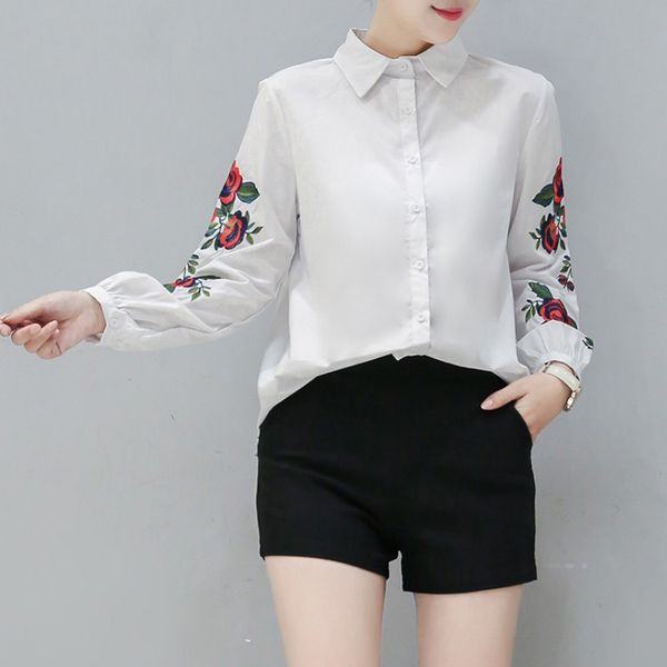 

flower embroidery long sleeve striped spring autumn turn-down collar women and blouses offifce lady elegant women's shirts, White