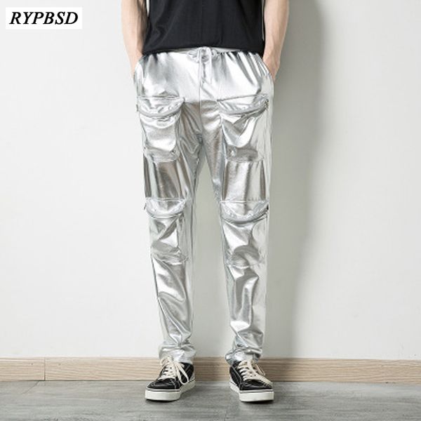 

zipper design moto jeans style metallic gold pants/straight leg trousers casual slim fit motorcycle pu leather shiny pants, Black