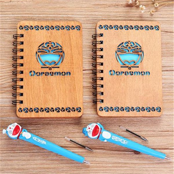 

2 styles doraemon anime notwith pen set wooden diary day book blue journal stationery school supplies gifts for kids 17cm, Purple;pink