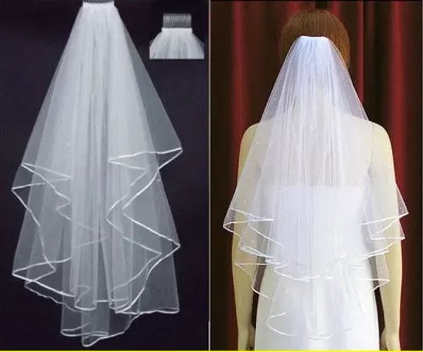 

2018 Cheap White Ivory Bridal Veils 2 Layers With Comb Ribbon Edge Tulle Veil for Church Wedding Bride In Stock