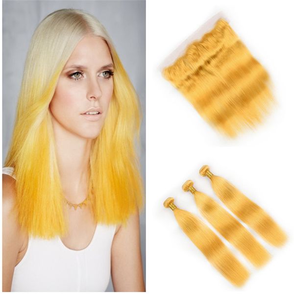Cabelo Humano Weave Reta Cor Amarela 3 Fotos pacotes de cabelo Amarelo com fechamento frontal de seda reta feixes de cabelo indiano tece