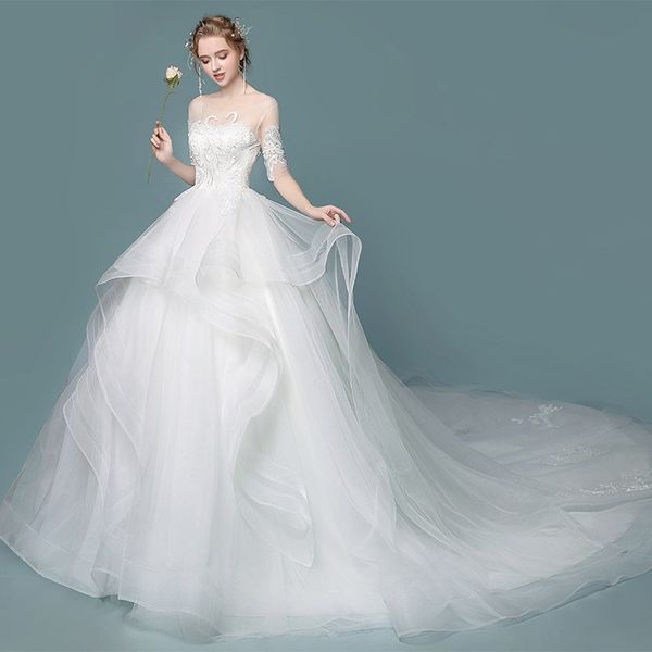 

new layer ruffle skirts backless wedding dresses illusion long sleeves appliqued ball gowns bridal wedding gowns dh412, White