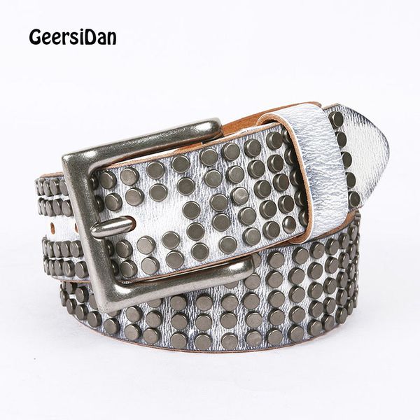 

geersidan new men's hip hop style antique pin buckle belt grnuine leather men's casual fashion rivet belts for men female belt, Black;brown