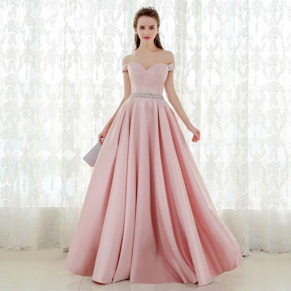 

beaded off shoulder evening dresses 2019 pink satin prom gowns pleated long party dress fast shipping, Black;red