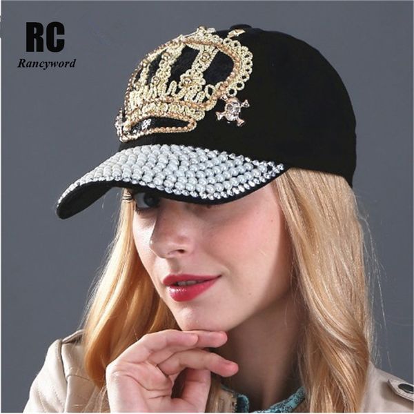 

rancyword] women denim snapback hat lady jean hat point drill pearl cowboy rhinestone crystal crown casquette rc1060, Blue;gray
