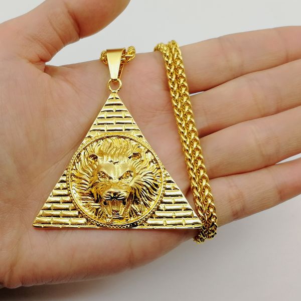 Kostenloser Versand Hip Hop Stil Löwenkopf König der Löwen Anhänger Ägyptische Pyramide Halskette Tier Charme Männer Schmuck