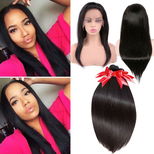 

8a grade brazilian virgin hair bundles straight hair 360 lace frontal with 3 bundles 100% unprocessed virgin human hair extensions, Black;brown