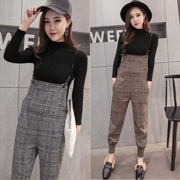 

2018 spring korean female woolen plaid overalls nine points slacks loose significantly thin leg trousers suspenders, Black;white