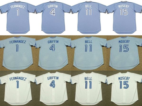 

men 1 tony fernandez 4 alfredo griffin 11 george bell 15 lloyd moseby toronto 1999 baseball jersey, Blue;black