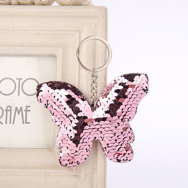 

re cute butterfly keychain glitter pompom sequins key ring gifts for women llavero chaveros charm car bag pendant jewelry j40, Silver