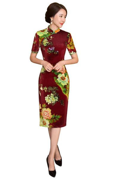 

shanghai story new arrival velvet qipao chinese traditional dress chinese style oriental dress short sleeve autumn cheongsam, Red