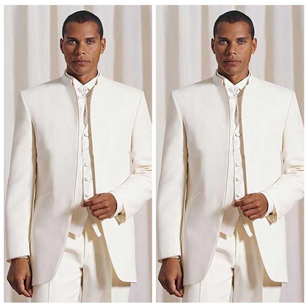 

2019 retro ivory groom wedding tuxedos formal party wear groomsman suit slim fitted business suits stand collar mens prom (jacket+pant, Black;gray