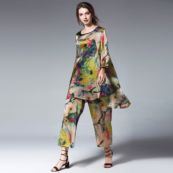 

2018 spring fashion elefloral silk full blouses pants sets two pieces maternity clothes loose pregnancy clothes plus size, White