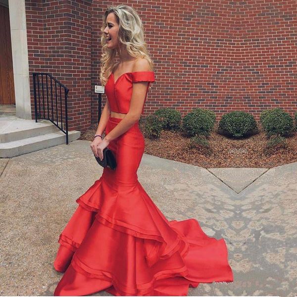 

2018 evening dresses red off shoulder two pieces mermaid ruffles tiered skirts sweep train cap sleeves formal party dresses prom gowns wear, Black;red