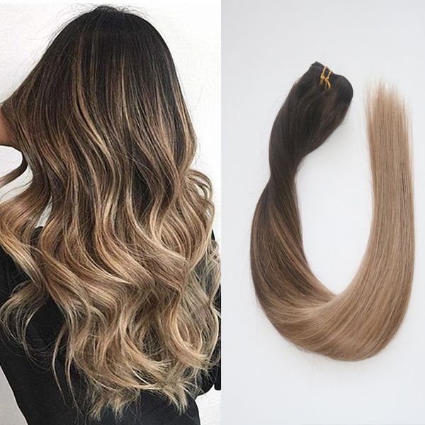 Balayage Ombre Hair Extensions Remy Human Hair Of Clip In Hair Extensions Color Dark Brown To Ash Blonde Silky Straight 120g Canada 2019 From