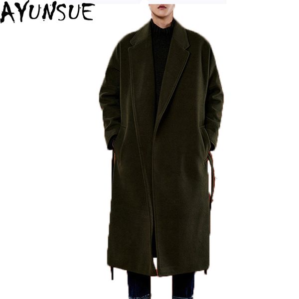 

wholesale-ayunsue super warm winter woolen coat men jackets new 2017 x-long loose windbreaker parkas male plus size 2xl overcoat lx783, Black