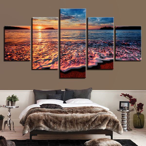 

canvas modular pictures wall art 5 pieces sunset sea waves seascape paintings beach posters home decor room unframed