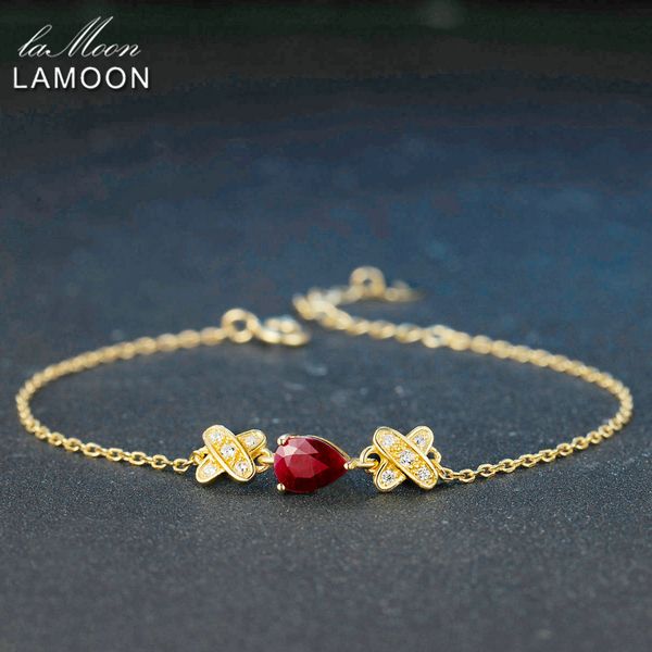 

lamoon teardrop 5x7mm 2.1ct 100% red ruby 925 sterling-silver-jewelry s925 charm bracelet lmhi037, Golden;silver
